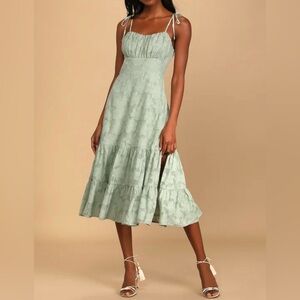 NWT Lulus Sweet Sentiments Sage Green Jacquard Tiered Midi Dress SOLD OUT Color